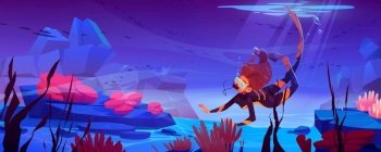 Young woman scuba diver explore underwater tropical reef, sea bottom with seaweeds and corals. Girl in mask and costume in ocean world, adventurer female character snorkel, Cartoon vector illustration. Young woman scuba diver explore underwater bottom