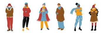 Flat set of people feeling cold or sick isolated on white background. Vector illustration of young men and women wearing warm coats, hats, scarves, trembling, drinking hot tea in chilly winter weather. Flat set of people feeling cold or sick on white