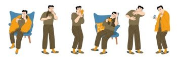 Sick man, person with viral infection and respiratory illness symptoms. Diseased male character cough and sneeze, headache, sore throat, runny nose, fever, cartoon linear flat vector illustration. Sick man, person with viral infection symptoms