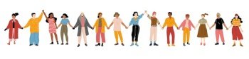 People hold hands, smiling happy men and women stand in row together. Modern multicultural society happiness or friendship. Male and female characters community Cartoon linear flat vector illustration. People hold hands happy men and women stand in row