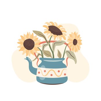 Autumn illustration with sunflowers in teapot. Vector illustration