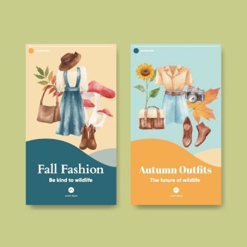 Instagram template with autumn outfit woodland life concept,watercolor style
