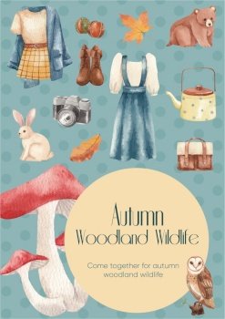 Poster template with autumn outfit woodland life concept,watercolor style
