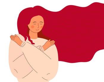 Cute woman with long hair hugs herself. Positive lady expressing love and care. Love for yourself, high esteem and body positive concept vector.. Cute woman with long hair hugs herself. Positive lady expressing love and care.