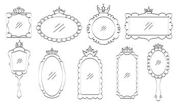 Crown mirror vector set in doodle style. King and queen crown photo border. Outlines royal frame. Simple diadems for princess. Luxury accessories for prince. Imperial mirror as graffiti hand drawn.. Crown mirror vector set in doodle style. King and queen crown photo border. Outlines royal frame.