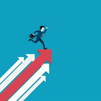 Business vision and target, Businessman run on red arrow up go to success in career. Concept business, Achievement, Character, Leader, Vector illustration flat