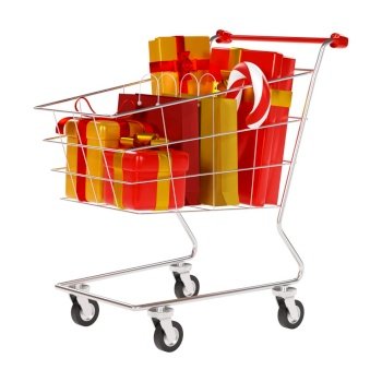 Shopping cart with Christmas gift isolated with clipping path 3d render