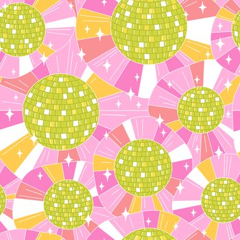 Vector seamless pattern with shiny disco balls in cartoon style. 70s surface design with abstract shapes in vibrant colours.