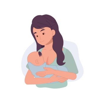 Breastfeeding cincept. Mom holds the baby in her arms and feeds with breast milk. vector illustration
