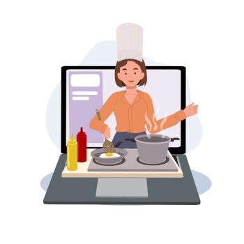 Online cooking courses concept, culinary class service. Chef teacher preparing food at kitchen. Internet school mobile application. Vector illustration