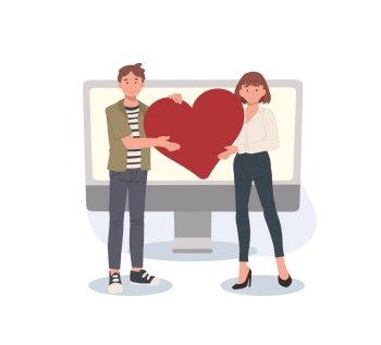 online dating and online relationship concept. man and woman holding big red heart. Vector illustration.
