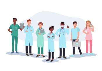 Medical staff team concept. A team of doctors in uniform standing together. Vector illustration. 