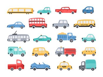 Funny cars. Colourful public transport, cute town vehicle for kids. City and school bus, taxi car and simple cab truck cartoon vector illustration set of transport public and car traffic. Funny cars. Colourful public transport, cute town vehicle for kids. City and school bus, taxi car and simple cab truck cartoon vector illustration set