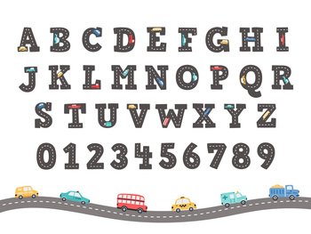 Road alphabet. Funny letters and numbers with hand-drawn trucks and cars, kids font vector Illustration set of alphabet road for children. Road alphabet. Funny letters and numbers with hand-drawn trucks and cars, kids font vector Illustration set