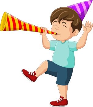 Cartoon little boy blowing a trumpet
