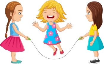 Cartoon three girls playing jumping rope