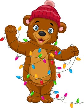 Cartoon bear wearing hat with christmas lights