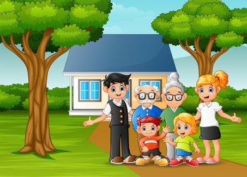 Cartoon family in front of the house yard	