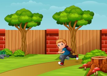 Boy cartoon running in the park city	