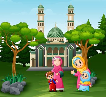 Cartoon Mothers and children in front the mosque	