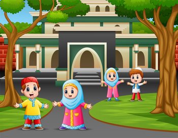 Cartoon of muslim kids in front the mosque	