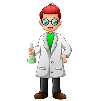 Boy with glasses in white Lab coat and holding flask solvent	