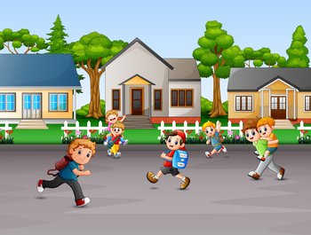 Cartoon of children playing at rural house yard	