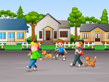 Cartoon children enjoy with their pets at rural house	