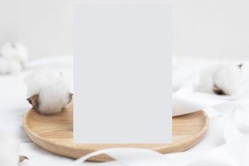 Greeting card mockup with Cotton flower and craft envelop, Wedding cards. Birthday card  Mockup for Template