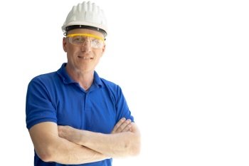 Engineer worker foreman standing arm crossed isolated looking camera smiling on white background with clipping path