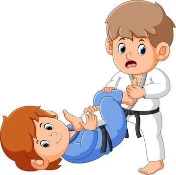 The boy is locking his friend's feet to beat down him in karate competition