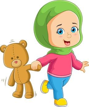 The young girl is running and holding the favorite teddy bear 
