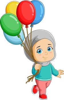 The happy girl is walking with many colorful balloons on the hand 