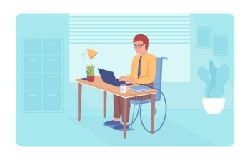 Disabled person in office 2D vector isolated illustration. Working flat character on cartoon background. Workplace convenience colourful editable scene for mobile, website, presentation. Disabled person in office 2D vector isolated illustration