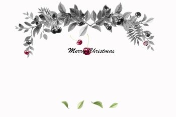 Watercolor painting New year, Christmas postcard with black, red cherry and place for text. Illustration for greeting cards and invitations isolated on white background.