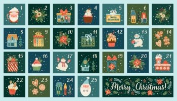 December advent calendar. Cute Christmas illusstrations with new year symbols. Vector design template.. December advent calendar. Cute Christmas illusstrations with new year symbols. Vector design.