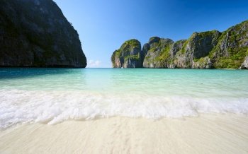 The Landscape of Maya Bay on a sunny day, with no people, Thailand.