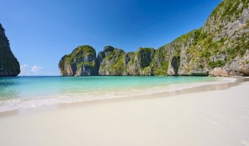 The Landscape of Maya Bay on a sunny day, with no people, Thailand.