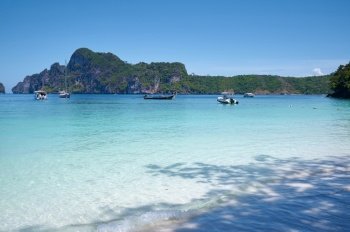 The Landscape of beach and ocean on a sunny day at Phi Phi Islands, Thailand