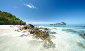 The Landscape of beach and ocean on a sunny day at Phi Phi Islands, Thailand