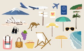 Cute travel collection with luggage, plane, sea, balloon, camera illustration for icon,sticker,printable