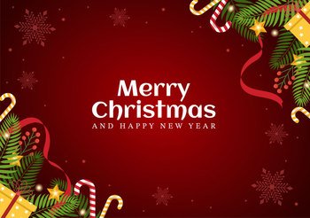 Merry Christmas and Happy New Year Template Hand Drawn Cartoon Flat Background Illustration with Snowflakes, Bells, Tree, Gift and Decorations Design