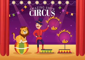 Circus Template Hand Drawn Cartoon Flat Illustration with Show of Gymnast, Magician, Animal Lion, Host, Entertainer, Clowns and Amusement Park