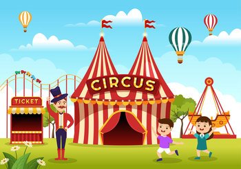 Circus Template Hand Drawn Cartoon Flat Illustration with Show of Gymnast, Magician, Animal Lion, Host, Entertainer, Clowns and Amusement Park
