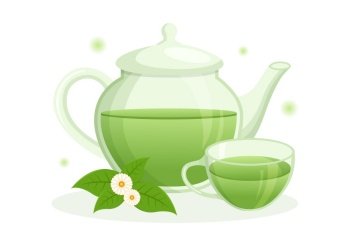Herbal Tea with Chamomile Leaves of Health Drink Green to Increase Endurance in Template Hand Drawn Cartoon Flat Background Illustration