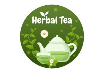 Herbal Tea with Chamomile Leaves of Health Drink Green to Increase Endurance in Template Hand Drawn Cartoon Flat Background Illustration