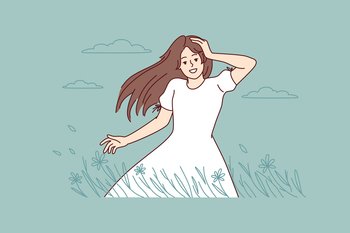 Happy young woman walking in summer field enjoying goo day. Smiling girl in countryside have recovery from mental illness. Vector illustration. . Happy woman walking in summer field