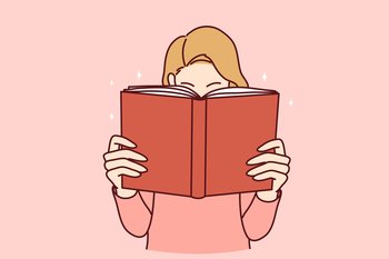 Young woman with book enjoy reading. Engaged girl with textbook lost in literature. Bookworm and hobby. Vector illustration.. Young woman enjoy reading book