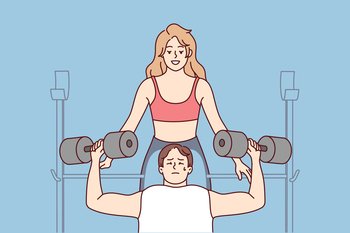 Female trainer help male client workout in gym. Woman athlete or coach train with customer with barbells in sport center. Vector illustration.. Female trainer help male client in gym