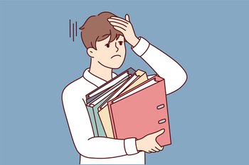 Stressed businessman holding folders feel overworked in office. Unhappy tired male employee overwhelmed with business tasks. Vector illustration.. Stressed businessman with folder feel overworked